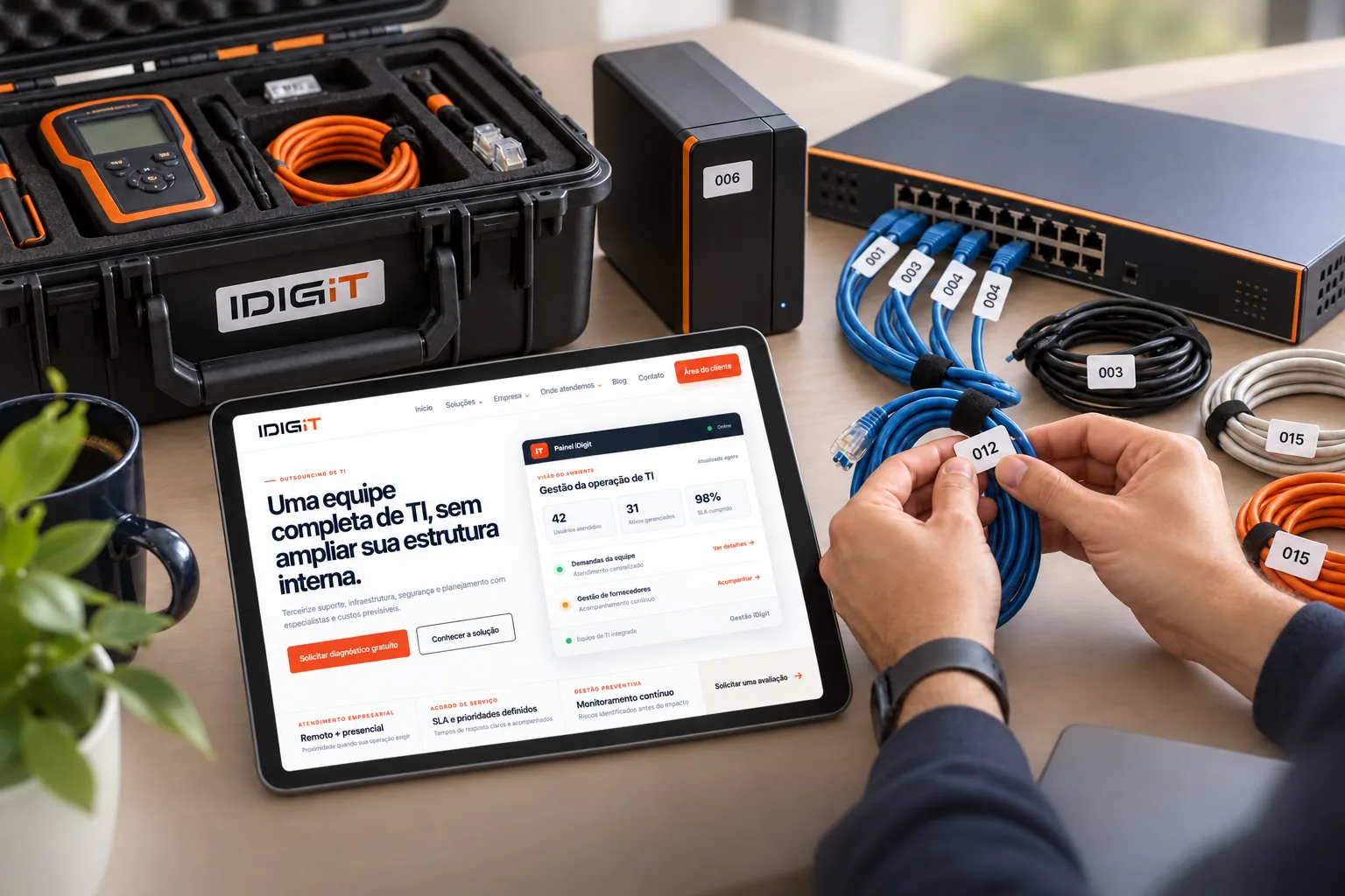 Equipamentos, cabos identificados e tablet durante inventário para transição de TI