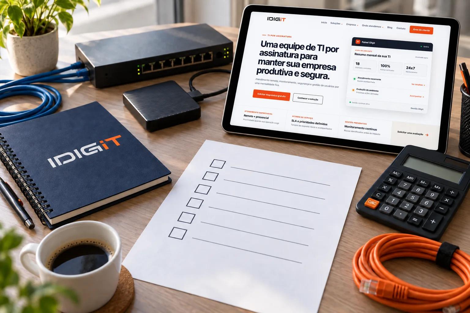 Checklist, equipamentos de rede e página de TI por assinatura em tablet